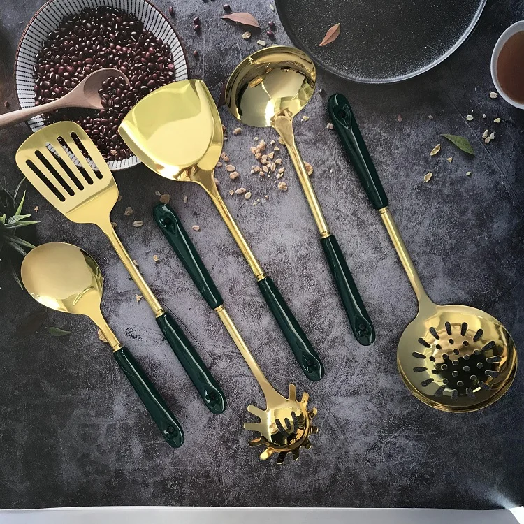 Hot Sale Luxury Utensil Set Kitchenware 7pcs Stainless Steel Kithchen Set Gold Plated Cookware Ceramic Handle Utensil Set