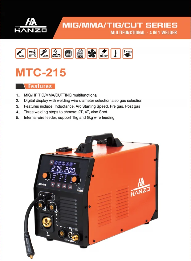 HANZO MTC-215 110/220V 200A MIG/MMA/LIFT-TIG/CUT 4-in-1 multifunction welding machine