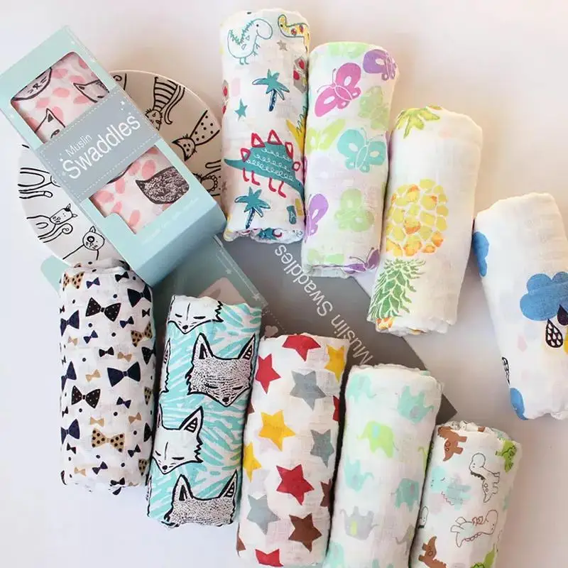 Wholesale Printed Cotton Muslin Fabric Soft Warm Baby Receiving Blankets 100% Muslin Swaddle Blankets Fabric