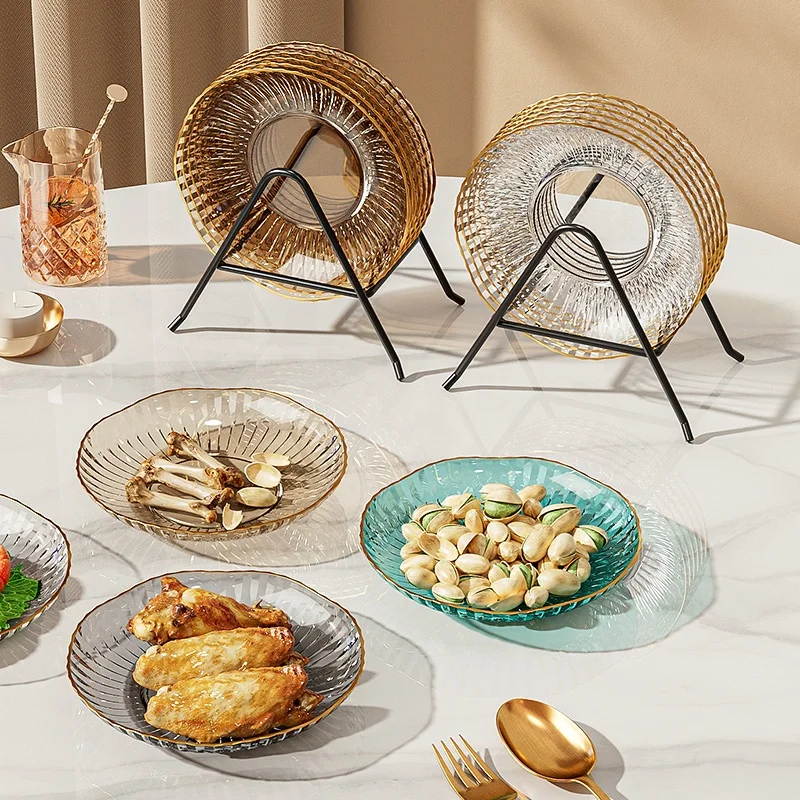 Wedding Crystal Clear Gold Trim Plastic Snack Side Dish Serving Party Tray Decorative Cake Dessert Appetizer Salad Fruit Plates