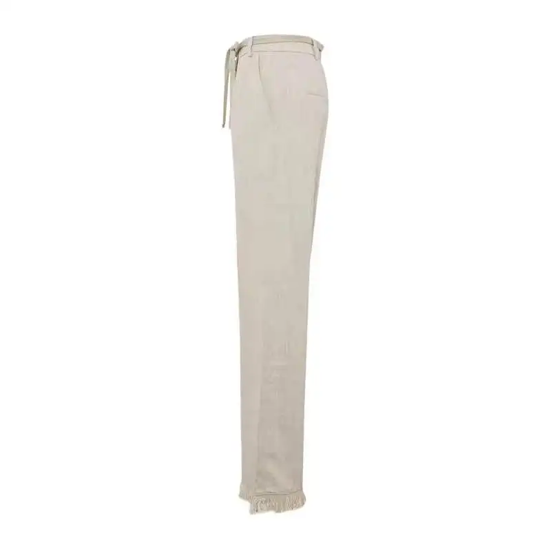 OEM Custom Fashion Frayed Edge Trousers Loose Wide Leg Drawstring Belt Korea Linen Pants for Women