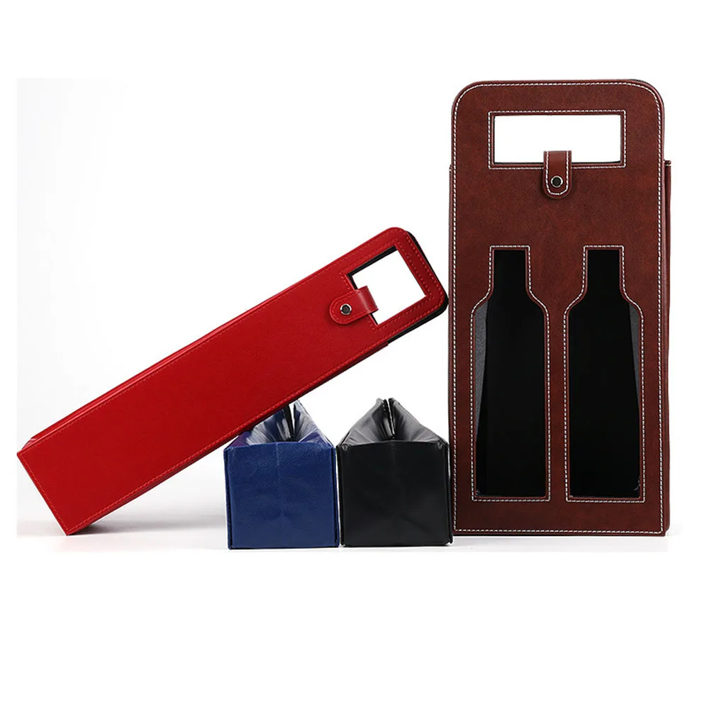Custom Luxury Single Double PU Leather Wine Bottle Gift Packaging Bag With Metal Button Closure
