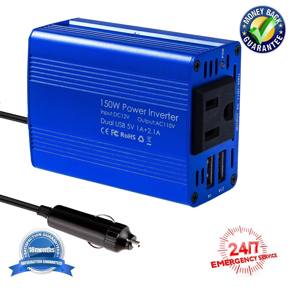 150W Power Inverter DC 12V to 220V AC Mini Car Inverter with 4.2A Double USB Car Adapter