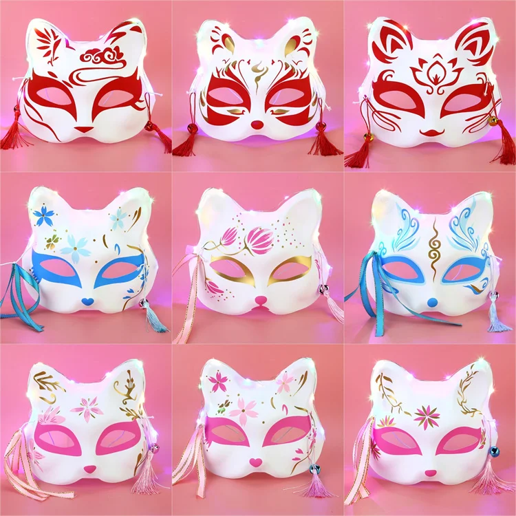 Anime Fox Mask Japanese Half Face Cat Mask Masquerade Festival Ball Kabuki Kitsune Cosplay led Half Face Cat Fox Party Mask
