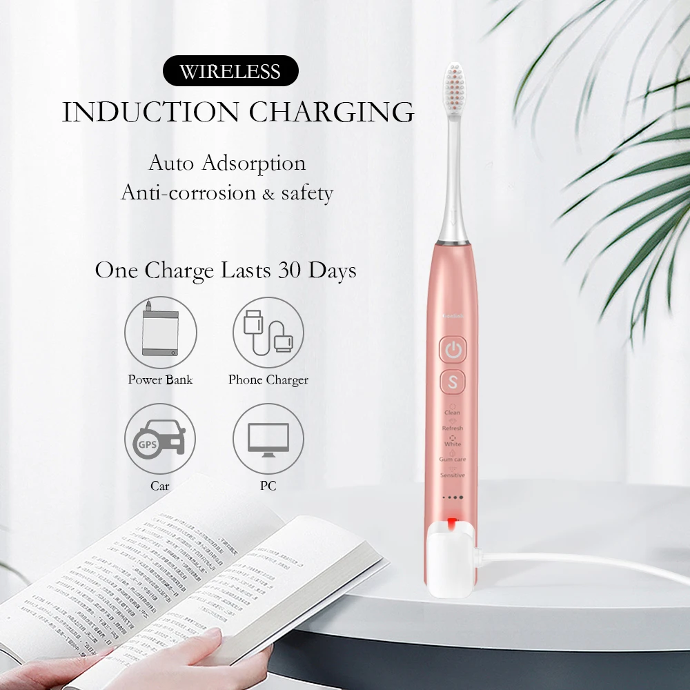 Custom Gonlink-Pro19 Smart Travel Rechargeable IPX7 Waterproof Wireless Sonic Electric Toothbrush With 4 Replacement Brush Heads