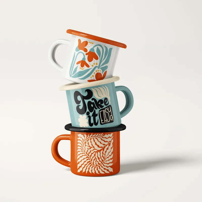 3oz 6oz classic orange full color custom logo printed mini small size coffee milk wine drink shot enamel espresso cups mug