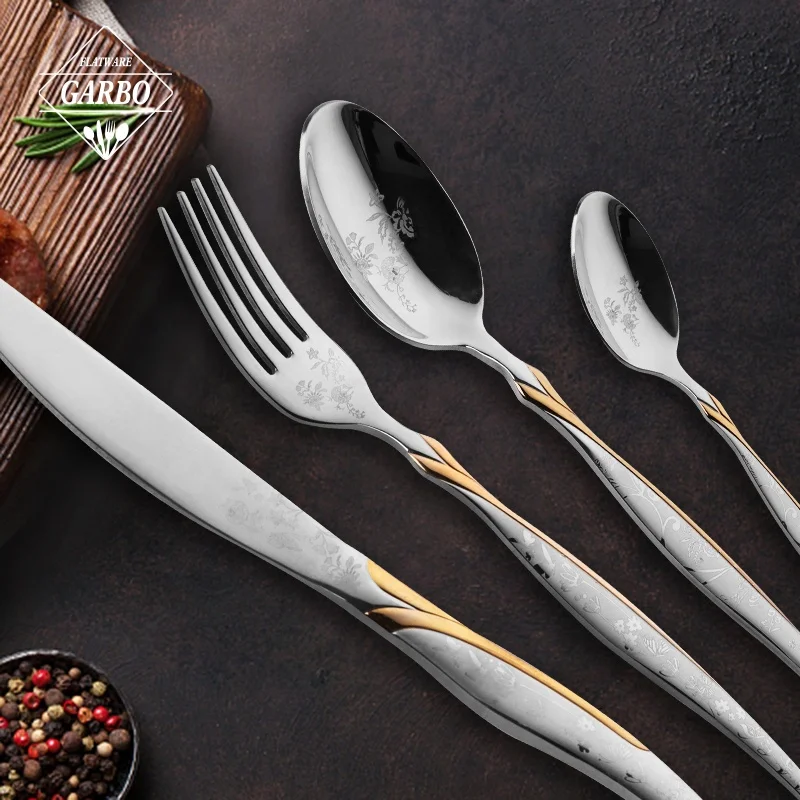 Luxury Cutlery Set Stainless Steel 18/10 Flatware Vintage Wedding Gold Cutlery with custom laser logo on spoon