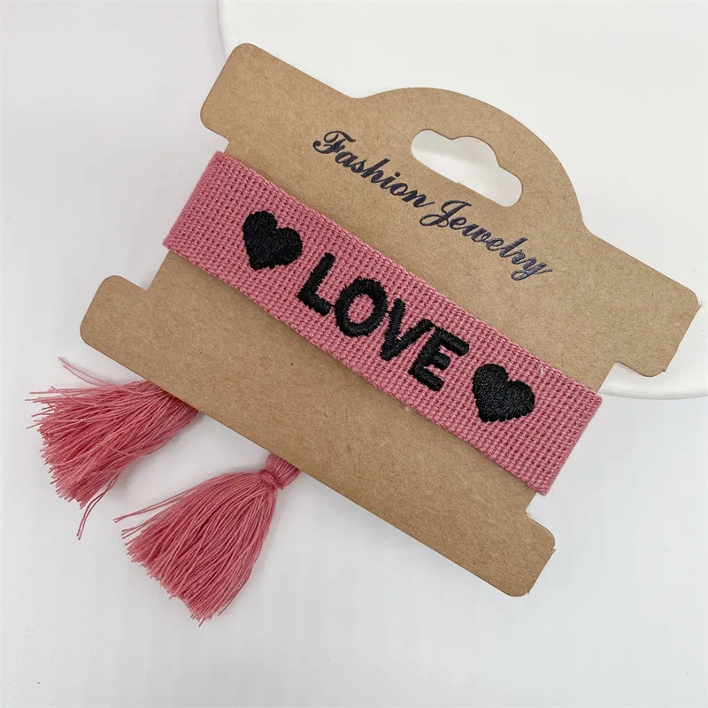 Wholesale Customized Logo Text Fashion Bracelets with Bohemian Ribbon Letter Embroidery and Tassel Weaving for Gift