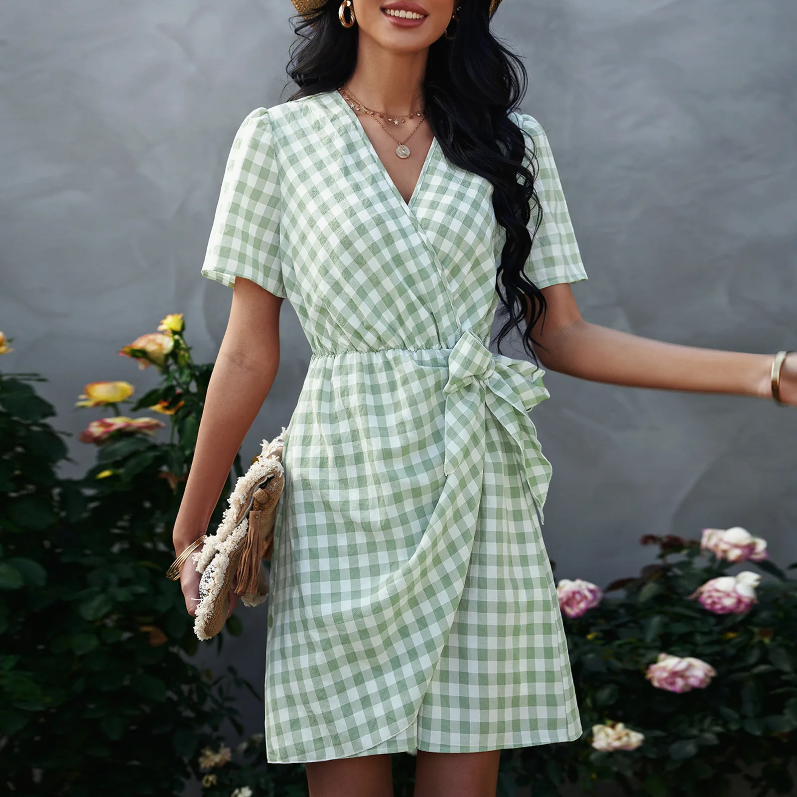 Wholesale Ladies V Neck Checked Mini Casual Dress Women Summer elegant casual dresses