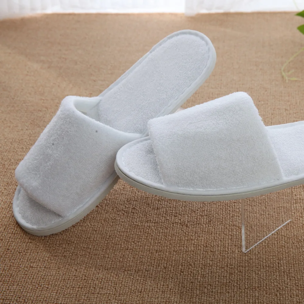 Hot selling OEM hotel customer logo open and closed toe disposable brushed terry cloth slippers