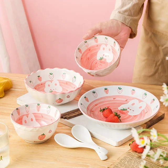 Creative Microwave Bowls Set Cartoon Diner Set Plate Ceramic Strawberry Rabbit Dinner Service Dinnerware Set