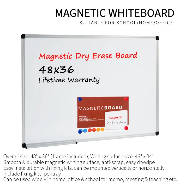 48*36inch  magnetic writing whiteboard with pen tray and marker for classroom school  from factory
