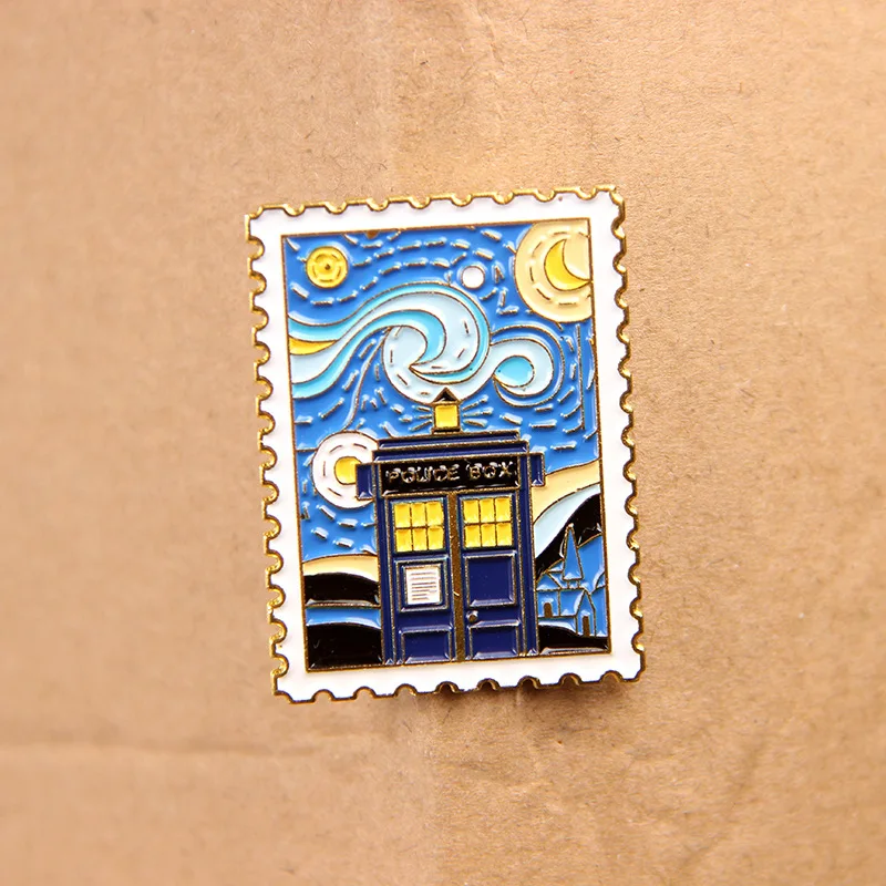 A time machine under the stars a Tardis stamp brooch a Van Gogh oil painting medallion
