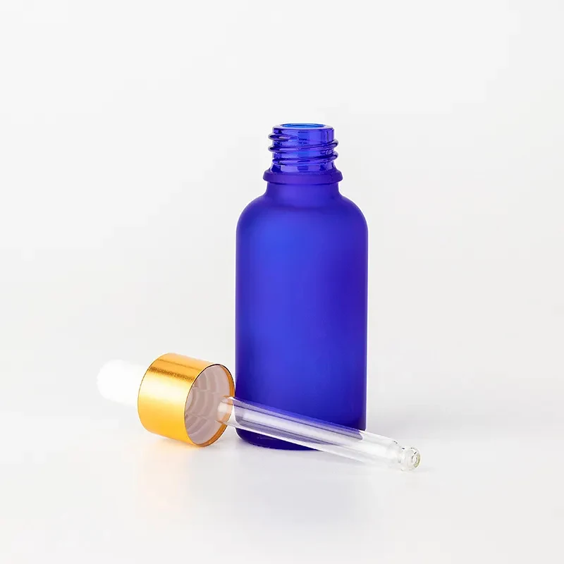 Hot Sale Frosted Matte Cobalt Blue Glass Dropper Bottle 30ml Boston Round Bottle with Silver Gold Cap Essential Oil Glass Bottle