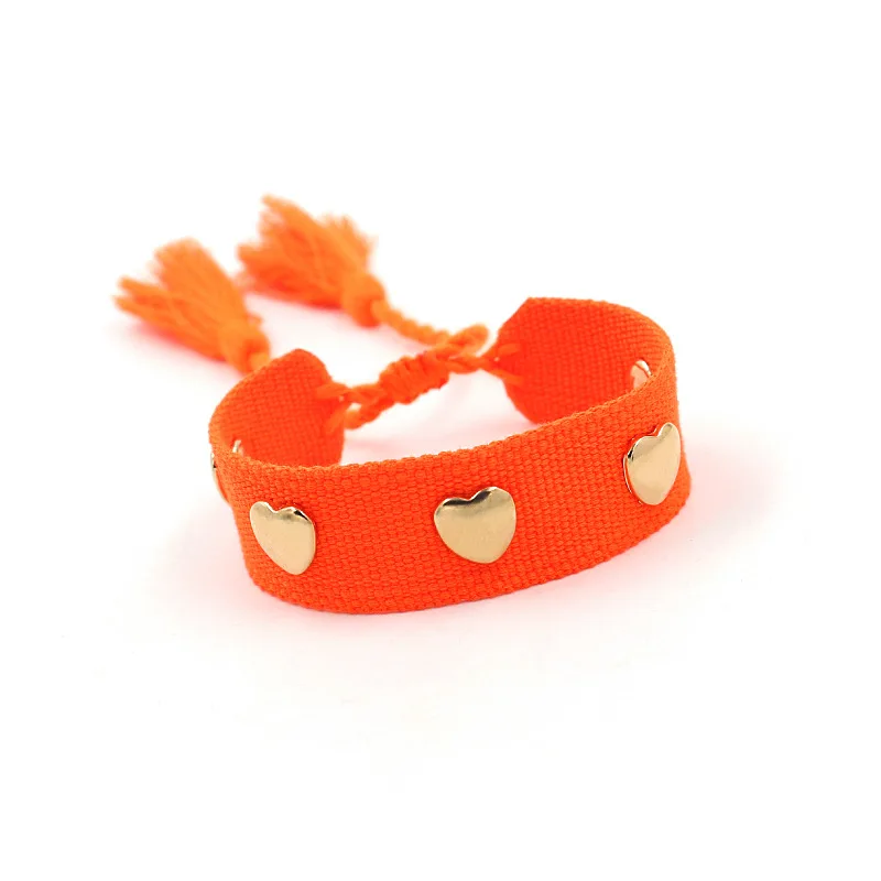 wholesale newest women gold heart rivets bracelets beach jewelry bohemia embroidery woven tassel bracelet