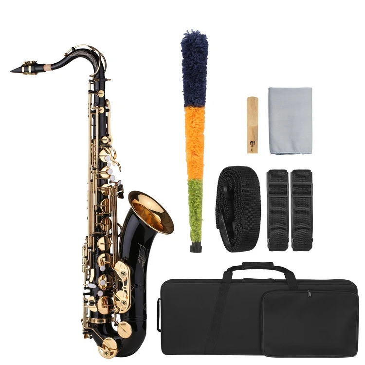 Muslady B-flat Tenor Saxophone Bb Black Lacquer Sax with Instrument Case Mouthpiece Reed Neck Strap Cleaning Cloth Brush
