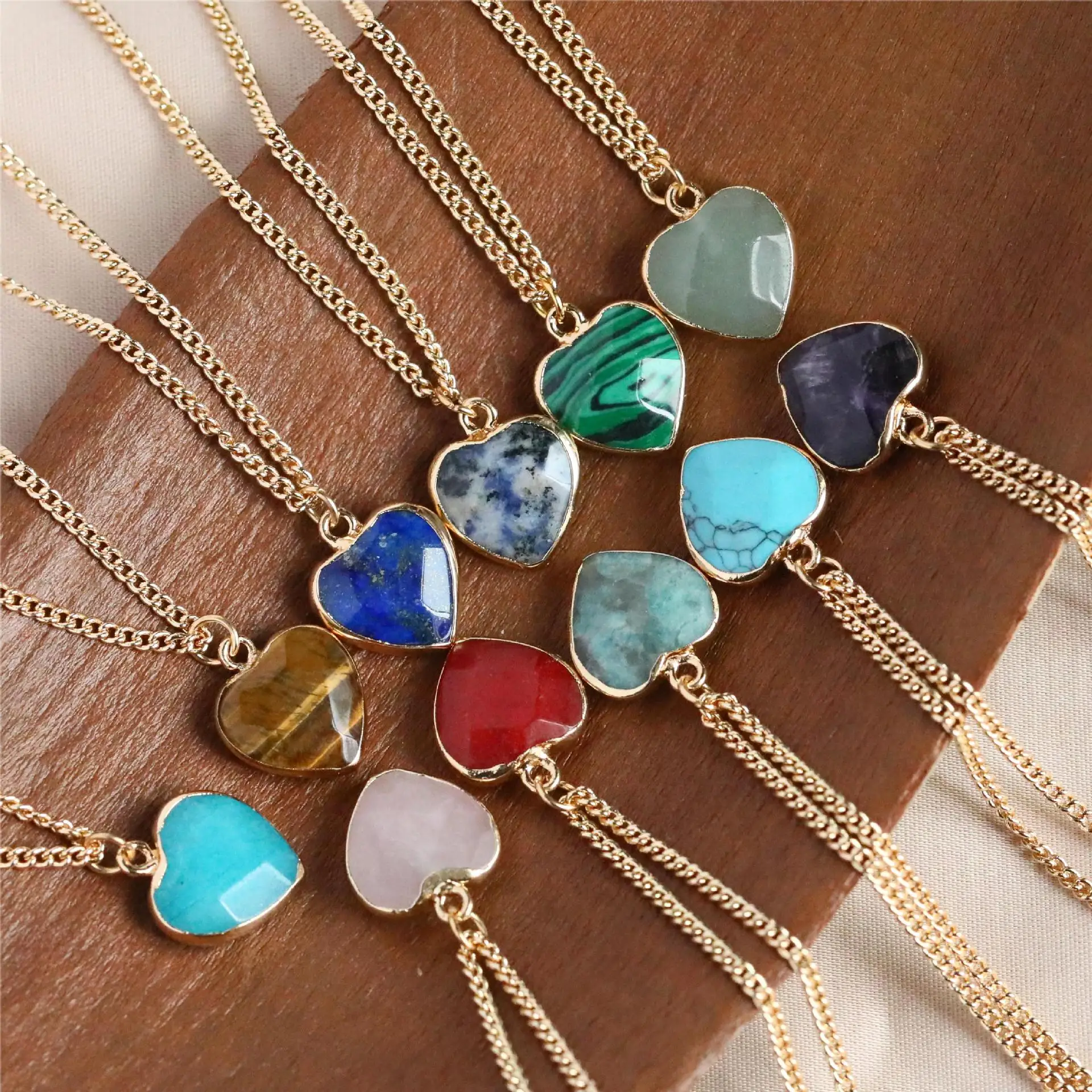 Unique 12 Birthstone Heart-Shape Pendant Necklace Gold-Plated Natural Stone Tianhe Stone Green Tomb Lapis Lazuli Fashion Chains