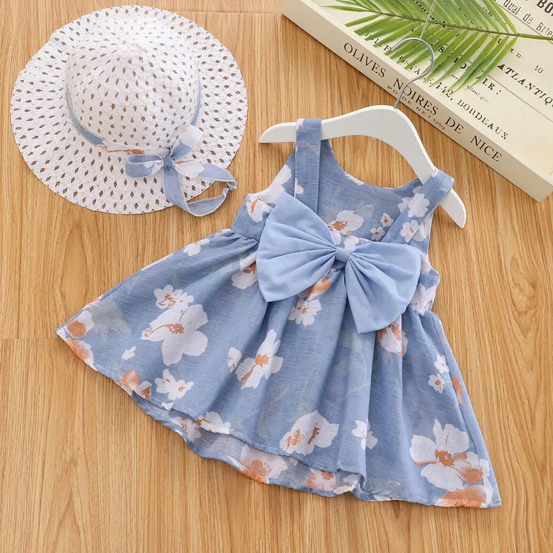 Factory Price summer Sleeveless kids Beach Children flower smocked frock toddles Cheap girls cotton casual dress with hat