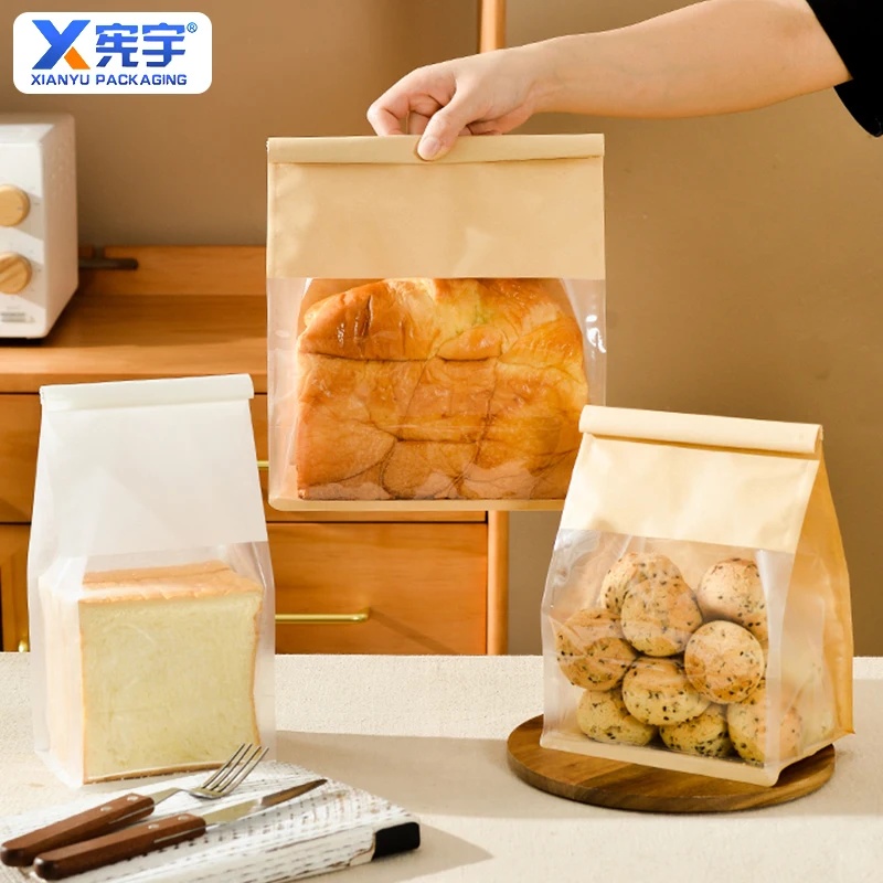 Customized Printing LOGO Brown And White Stand Up Bread Paper Bags Disposable Food Packaging Bags Kraft Paper Bag With Windows