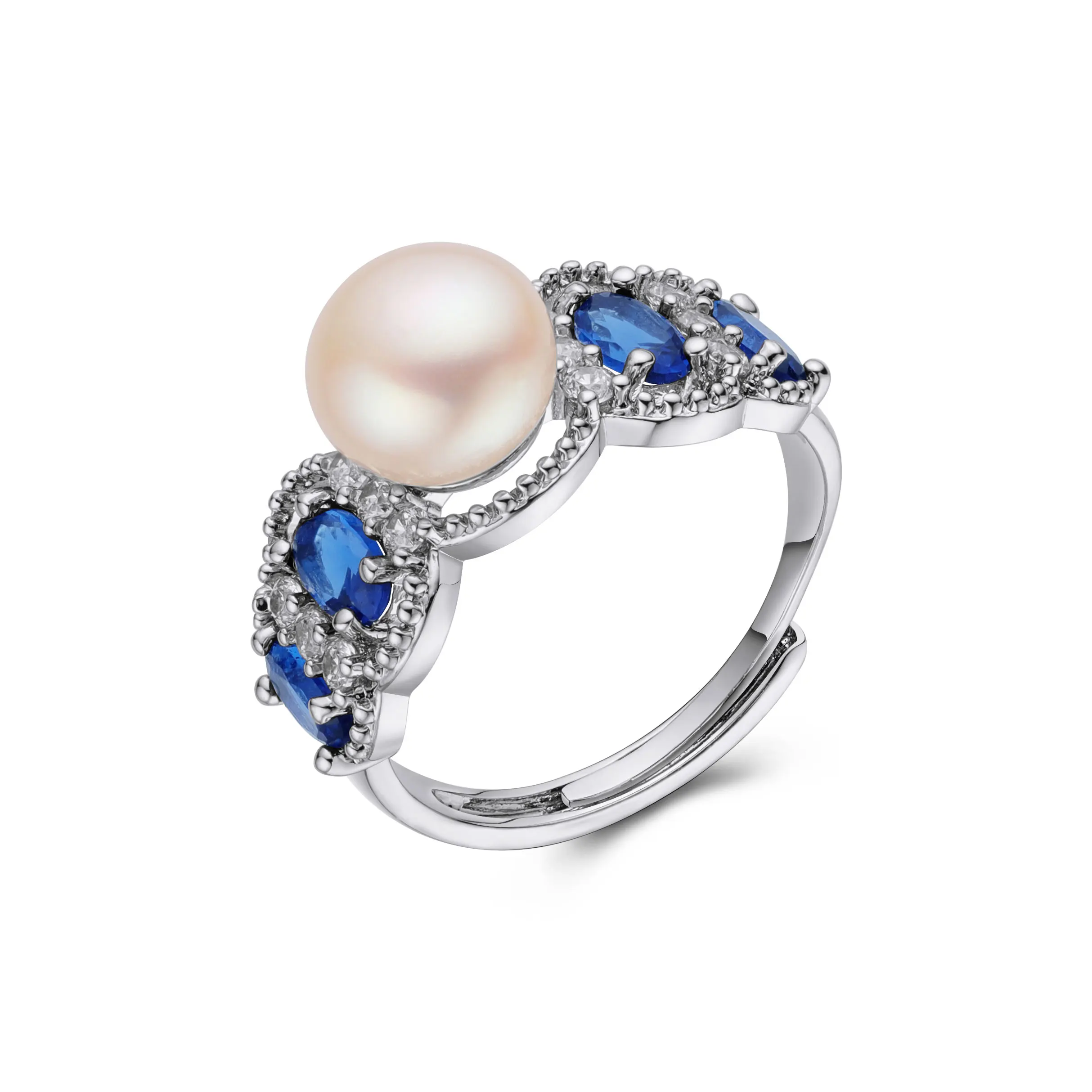 Keiyue 925 sterling silver ring earrings necklace cubic blue zirconia freshwater pearl jewelry set