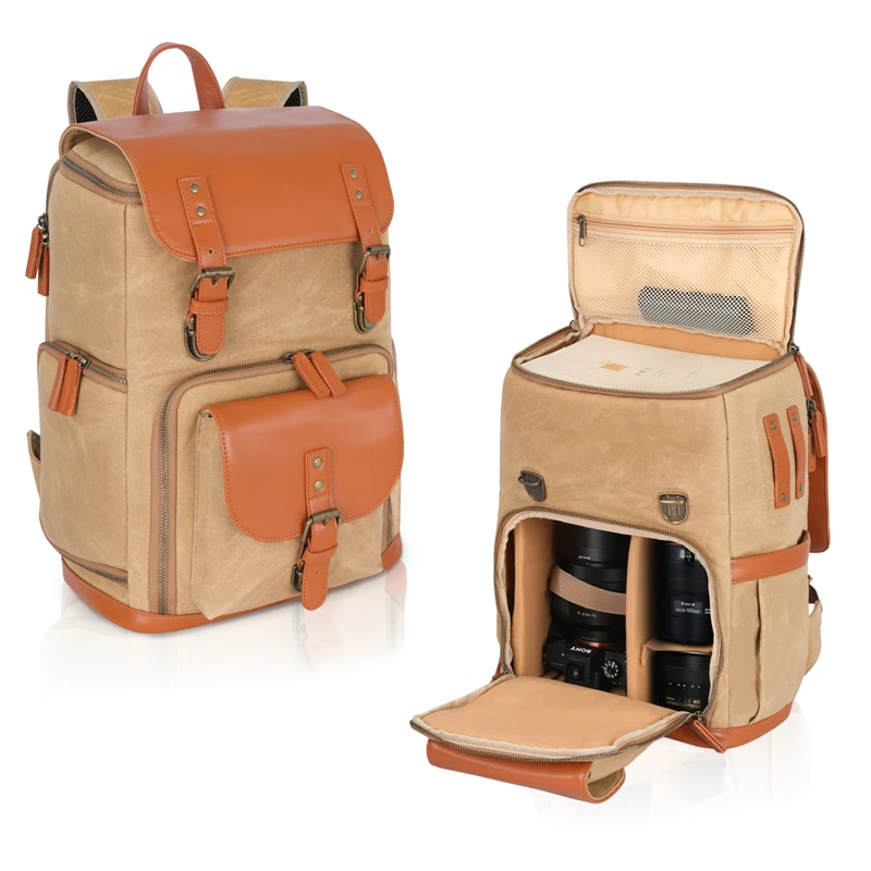 Waterproof Leather Laptop Compartment Photographers DSLR Camera Backpack Bag with Tripod Holder