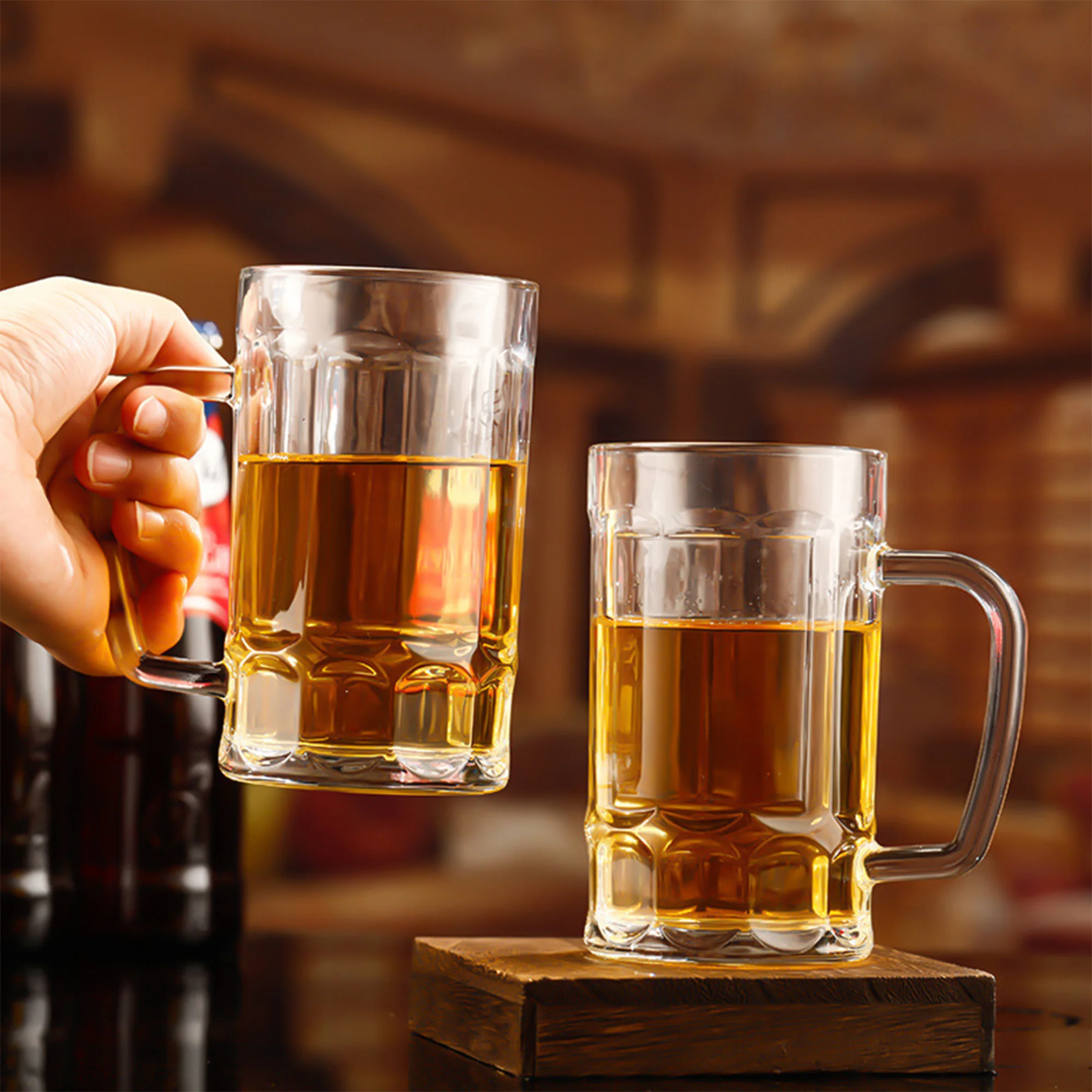 Hot home large capacity and thick draft beer glass with handle, heat-resistant tea cup, bar cup