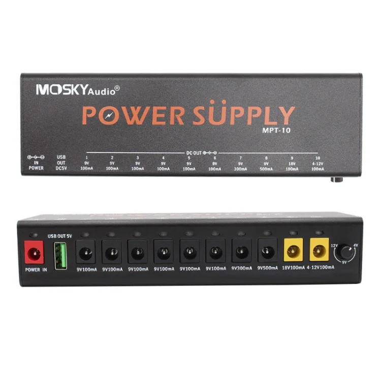 Mosky MPT-10 Guitar Effect Pedal Power Supply 10 Isolated DC Outputs/ 5V USB Output for 9V 12V 18V Protection Guitar Accessories