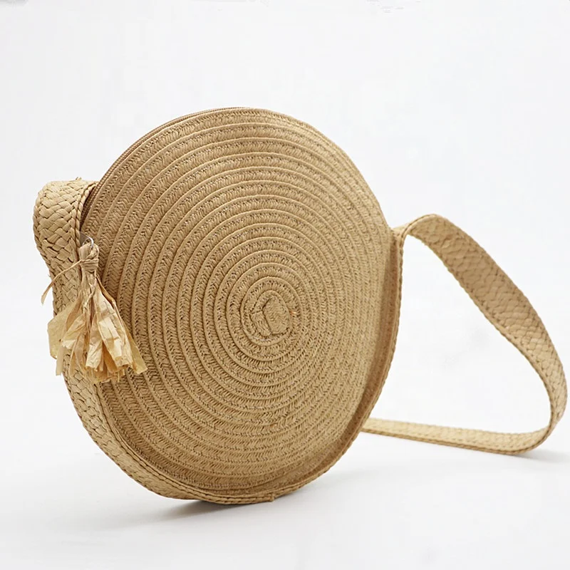 New design natural women crochet straw bag with paper straw tassel summer round straw woven shoulder beach bag for girls gift