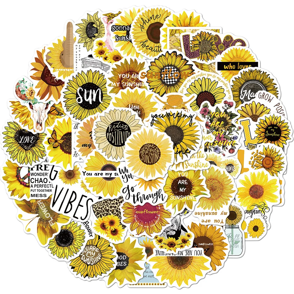 50pcs/bag Sun flowers with Inspirational Words in English stickers alphabet Waterproof PVC Vinyl Removable Stickers for kids