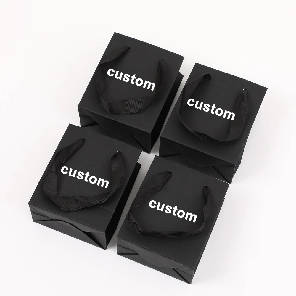 Factory custom printed logo black handle paper bag  Drawstring Luxury shopping gift packaging bag