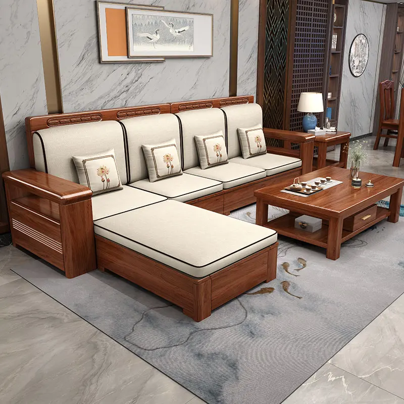 the new High-end Living Room Furniture Chinese Style Solid wooden Frame Fabric chinese sofa