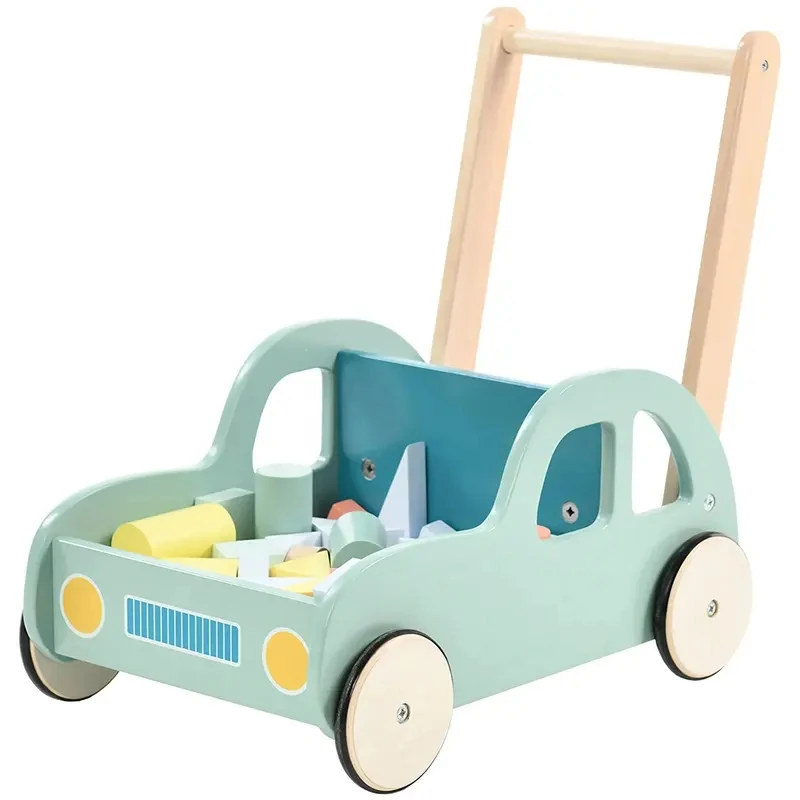 Model Solid Wheels Kids Small Car Wooden Toys Baby Walkers with Building Blocks