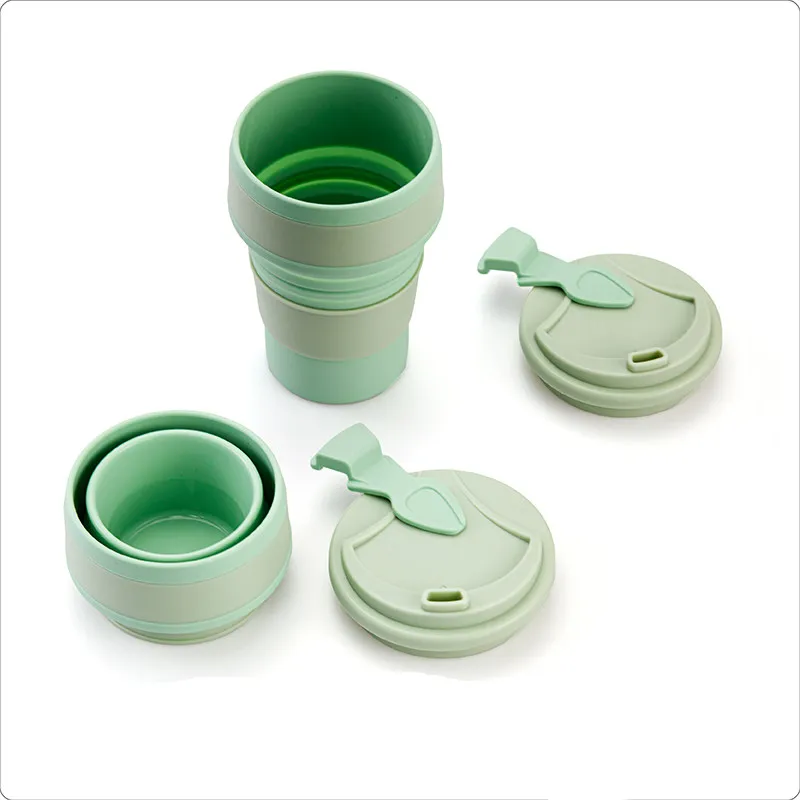 Customize 350ml Portable Eco Friendly Collapsible Travel Drinking Coffee Mug Silicone Foldable Coffee Mug Cup With Lid