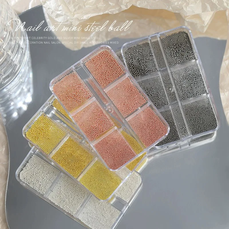 6 Grids/Box 0.6-2mm Gold Silver Rose Gold 3D DIY Decoration Charms Metal Mini Caviar Nail Art Beads