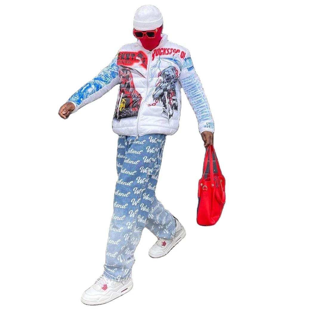 SBM 2024 NEW Washed  Light Blue Hot Sale Checkerboard Checks Loose Crazy Custom Laser Print Baggy Jeans For Men