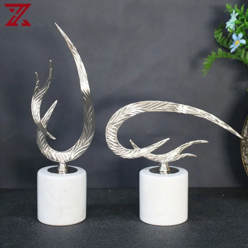 New design marble base ornaments set of 2 silver metal abstract sculpture for home decoration