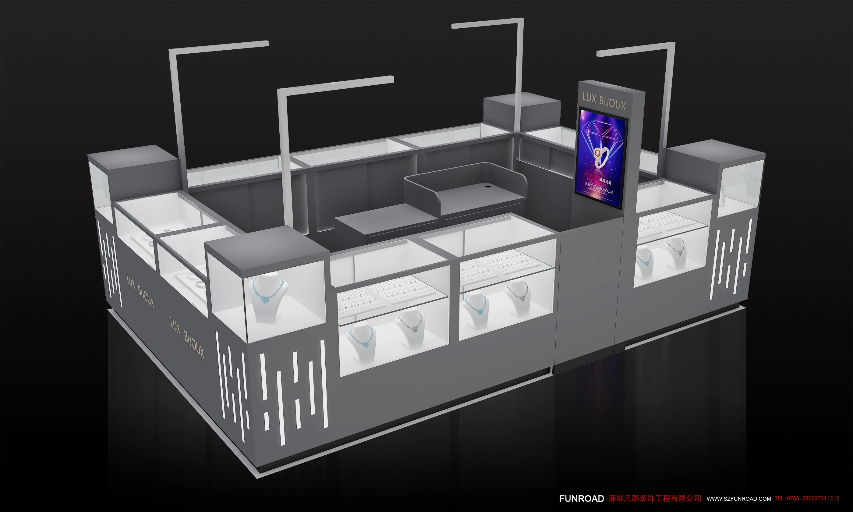 Customized Stylish Jewelry Showcase Display Set Jewelry Kiosk For Mall