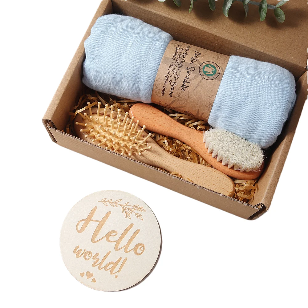 Baby Muslin Cotton Blanket Teething Baby Bib Rattle Milestone hair brush comb Baby shower Gift Set for Newborn handmade crochet