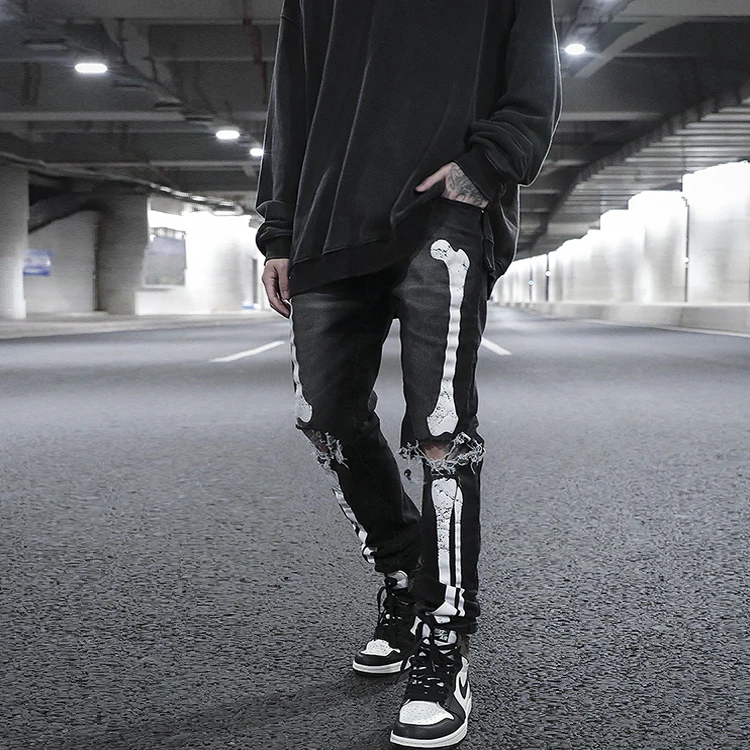 Factory direct sales OEM high street hip hop style skeleton design denim pants custom brand jeans for men