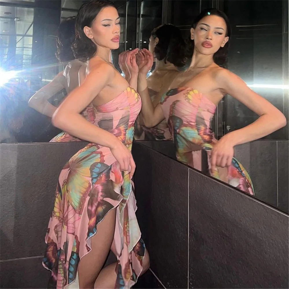 Trending Dress New Arrivals Summer Fashion Butterfly Printed Strapless Backless Tight Evening Dresses 2023 Sexy