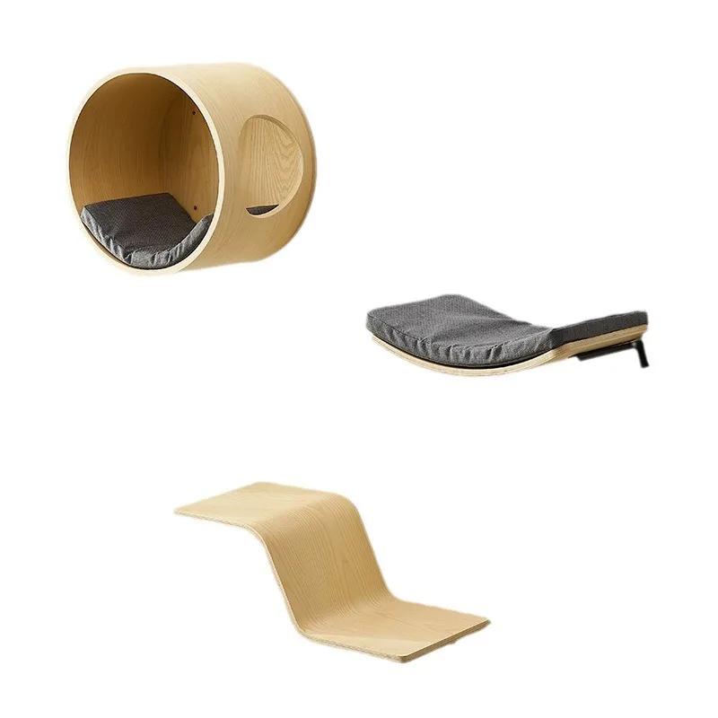 Factory Wall Mounted Round Wooden Cat Cave Bed Shelf with Removable Cushion
