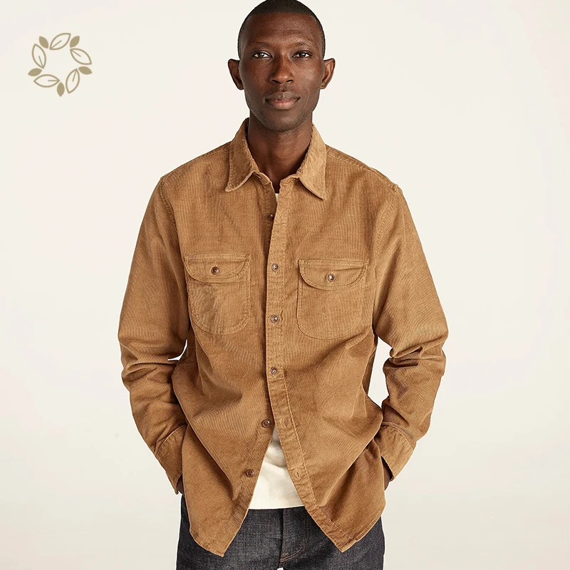 Organic Cotton men work shirt eco friendly garment-dyed corduroy workshirt sustainable shirts custom logo
