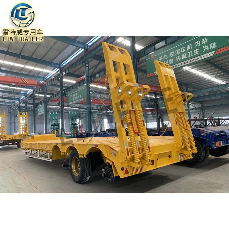 35 ton Low Bed Flatbed Semi Trailer for Digger Transportation / Lowbed Truck And  Semi Trailers with Hydraulic Ladder