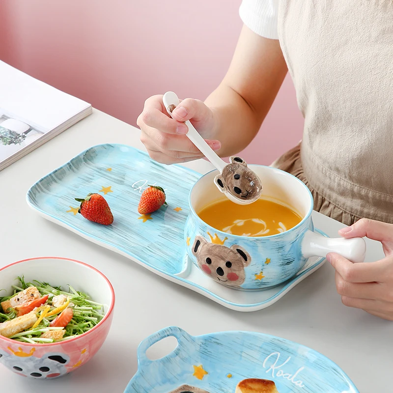 Koala custom made high quality ceramic plate and mini size soup bowl with handle for dessert home kitchen