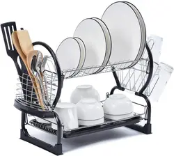 Kitchen big capacity bowl plates hold detachable 2 tier black metal dish rack with tray