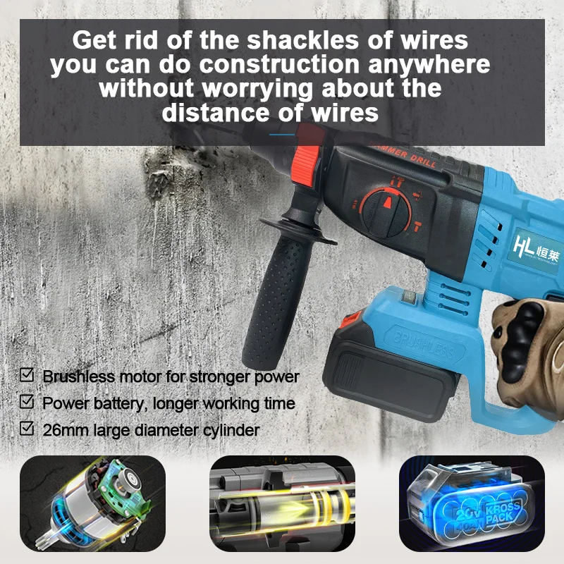 HENGLAI In Stock!!! Rechargeable Lithium Battery Hammer Drill Power Tool Cordless Impact