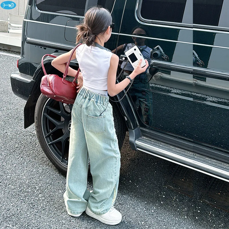 New fashion teen Girls Clothing set solid vest T-shirt + tulle lace blouse + floral embroidery jeans pants clothing set for kids