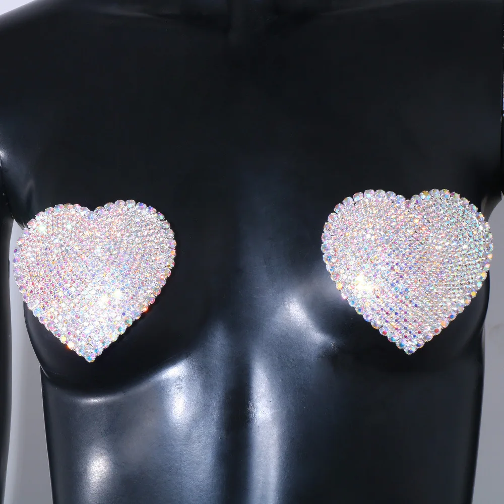 ReusableJewelry Breast Nipple Stickers Cover for Women Adhesive Heart Shaped Rhinestones Girls Sexy Boobs Cover