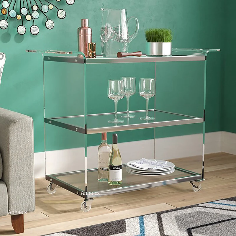 Easy Assembly Stainless Steel Kitchen Trolley Acrylic Mobile Cart With Glass Self