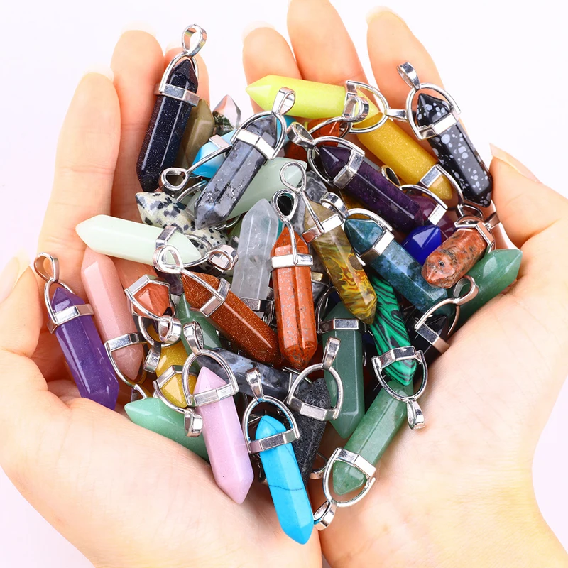 Hexagon Prism Crystal Stone Point Chakra Healing Gemstone Pendants Necklaces Pointed Gemstone Pendants Necklaces for Women